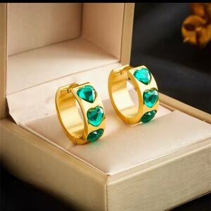 18k Gold plated stainless steel Hoop Earrings with Green Heart Accents